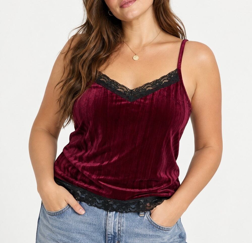No Boundaries Burgundy Velvet Lace Trim Cami Tank Top XL 15-17 Y2K Coquette
